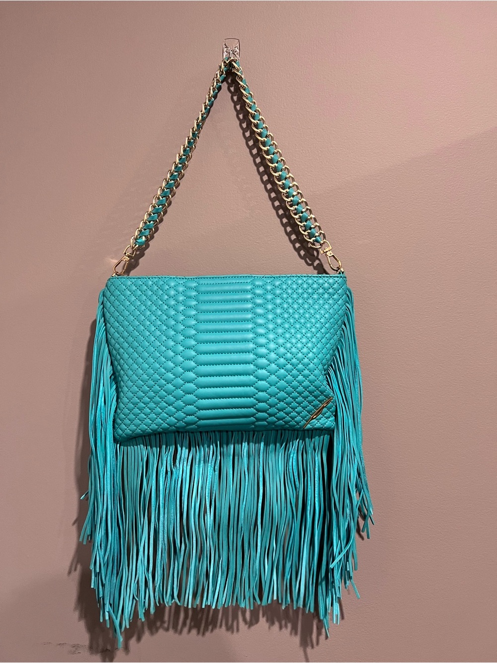 Brian Atwood Turquoise Quilted Fringe Shoulder Bag with Chain Strap
